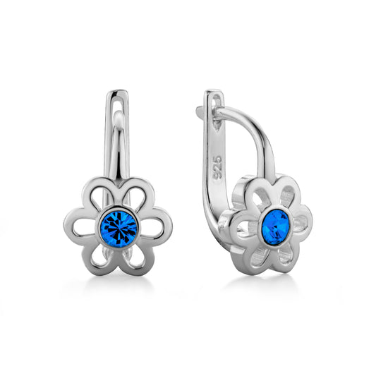 Ein Paar Kinderohrringe Blumen mit blauem Zirkonia, aus 925 Silber, 12 mm x 6 mm, Anlaufgeschützt