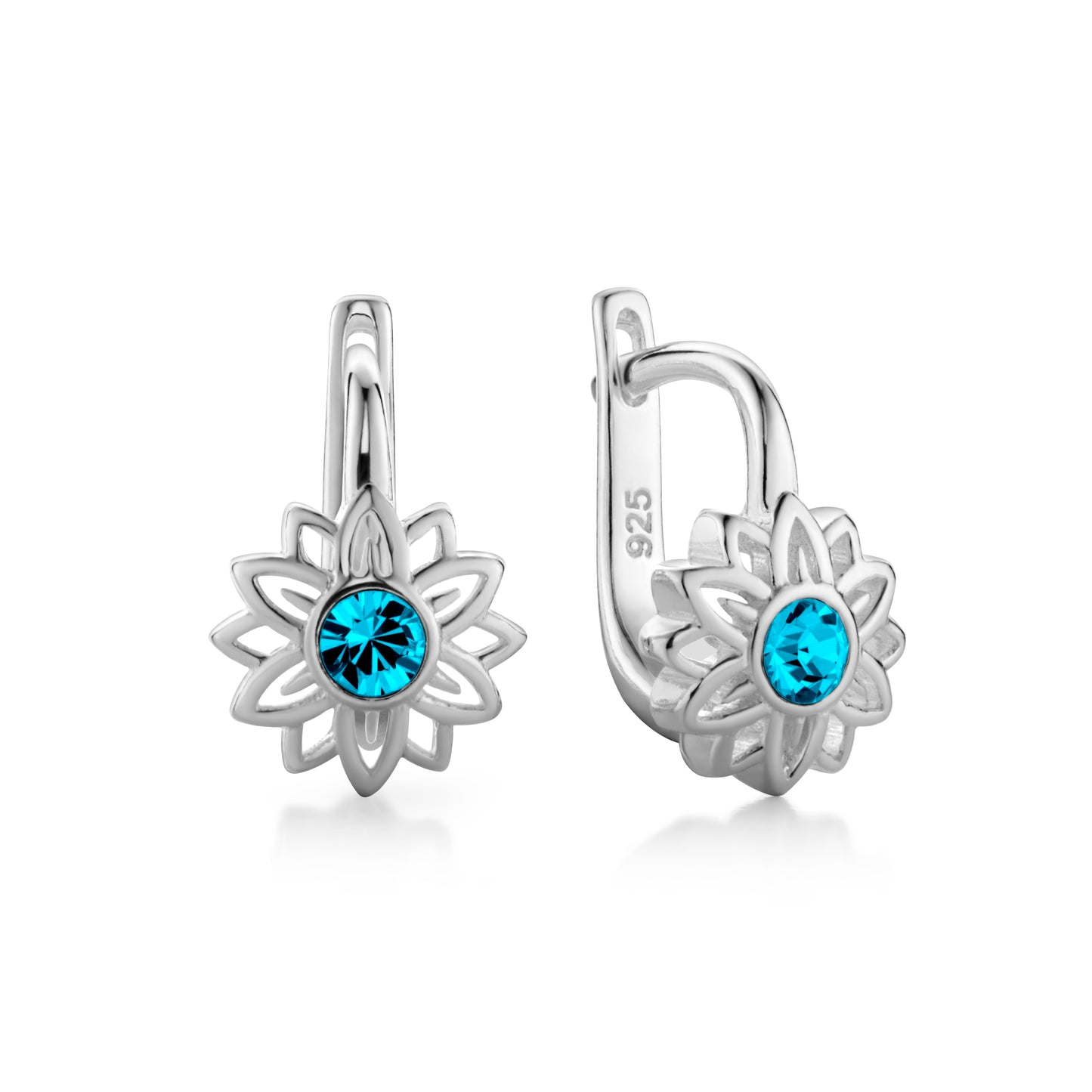 Ein Paar Kinderohrringe Blumen mit türkisem Zirkonia, aus 925 Silber, 12 mm x 6 mm, Anlaufgeschützt