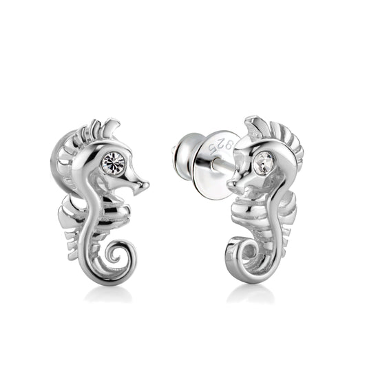 Ein Paar Kinderohrringe Seepferdchen mit klaren Zirkonia, aus 925 Silber, 10mm x 4mm, Anlaufgeschützt
