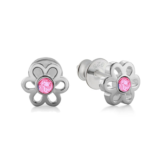 Ein Paar Kinderohrringe Blumen mit pinken Zirkonia, aus 925 Silber, 6 mm, Anlaufgeschützt