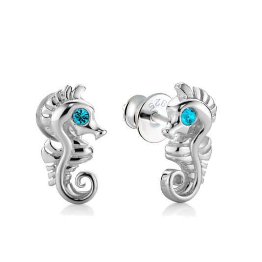 Kinderohrringe Seepferdchen mit türkisen Zirkonia, aus 925 Silber, 10mm x 4mm, Anlaufgeschützt