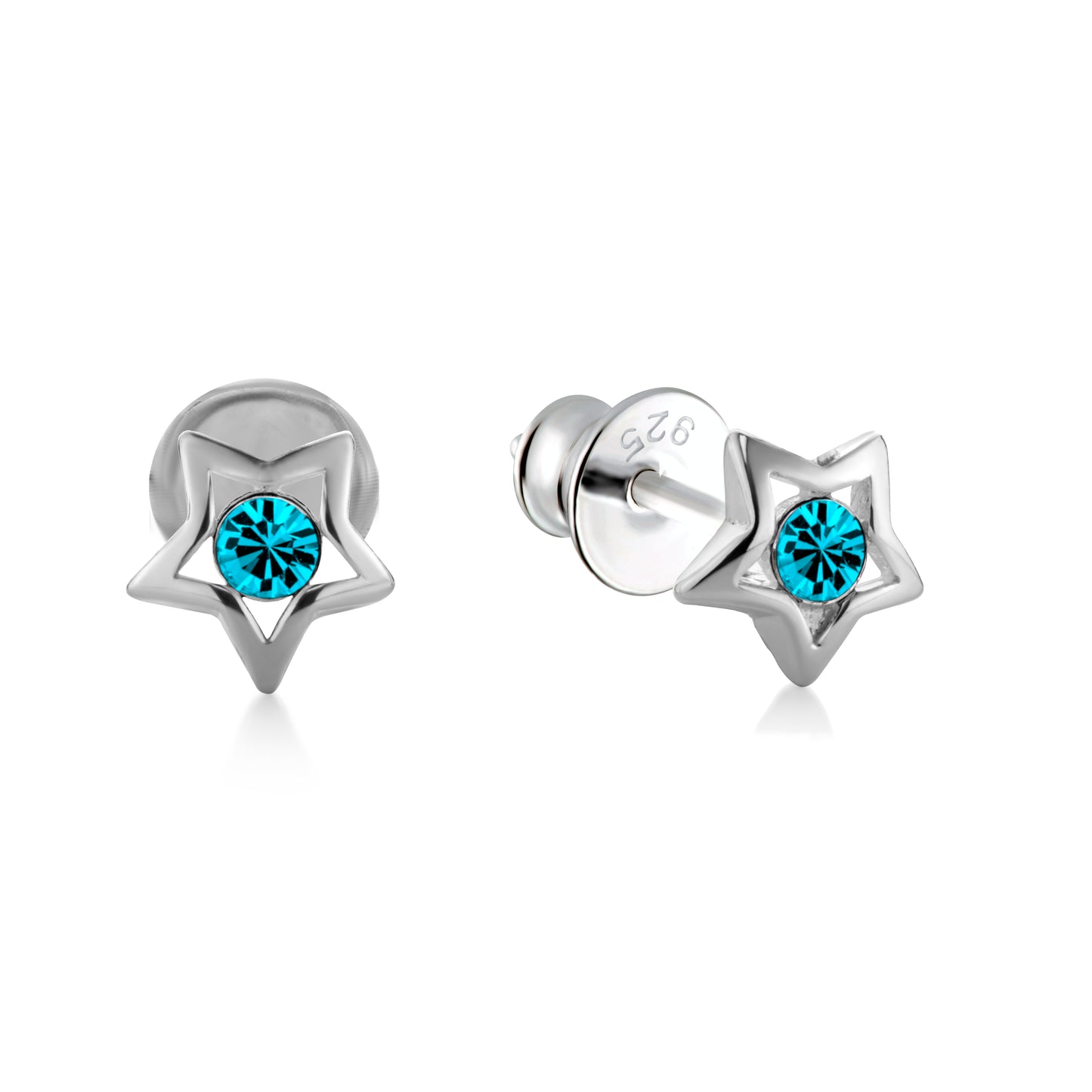 Ein Paar Kinderohrringe Sterne mit türkisem Zirkonia, aus 925 Silber, 5 mm, Anlaufgeschützt