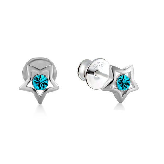Ein Paar Kinderohrringe Sterne mit türkisem Zirkonia, aus 925 Silber, 5 mm, Anlaufgeschützt