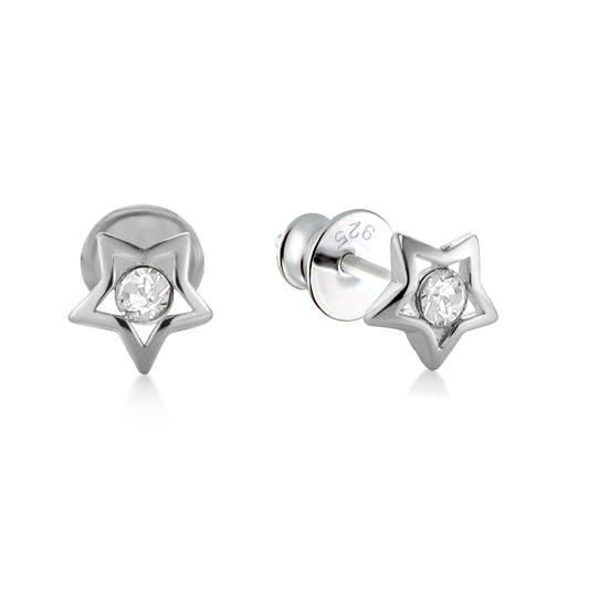 Ein Paar Kinderohrringe Sterne mit klaren Zirkonia, aus 925 Silber, 5 mm, Anlaufgeschützt