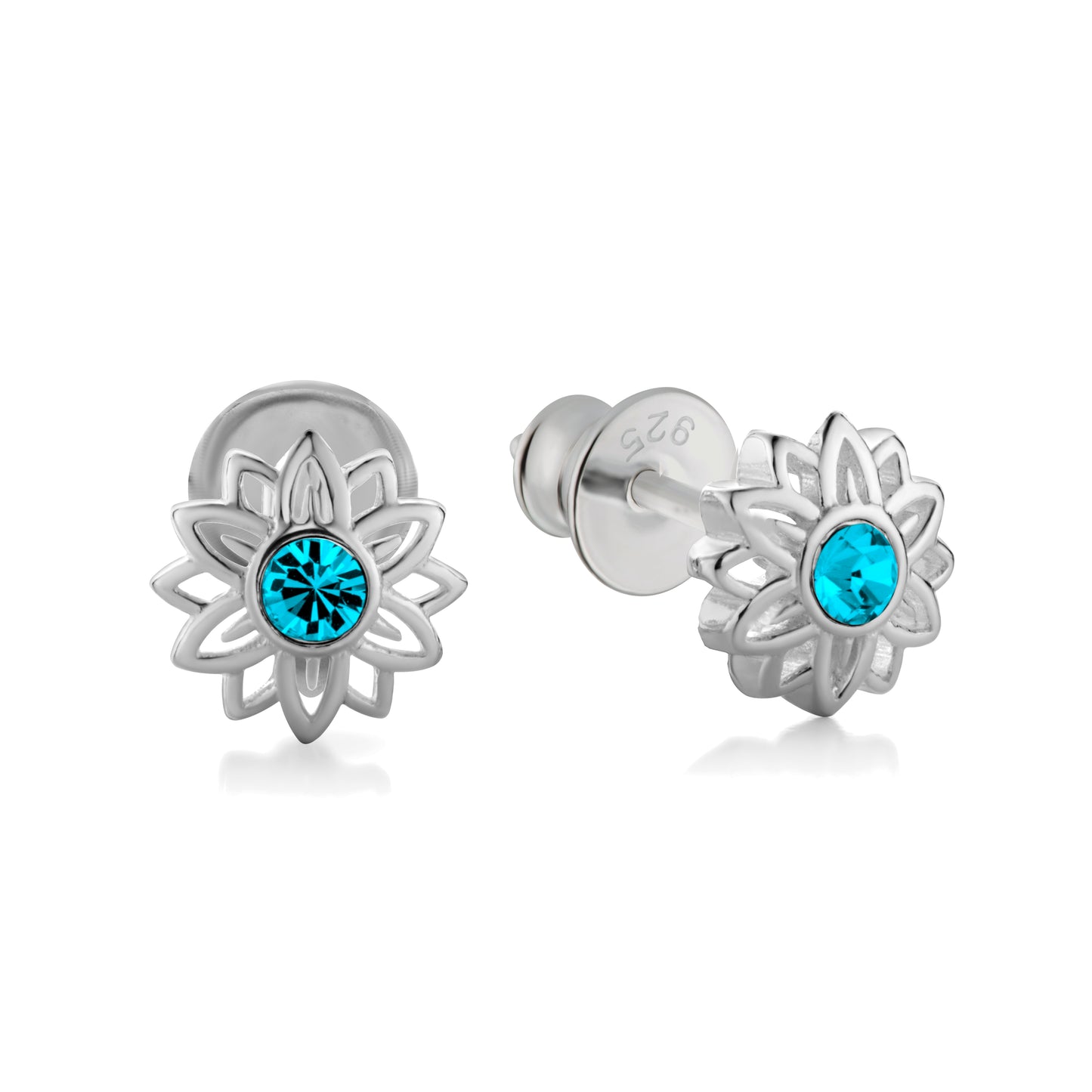 Ein Paar Kinderohrringe Sonnenblumen mit türkisem Zirkonia, aus 925 Silber, 7 mm, Anlaufgeschützt