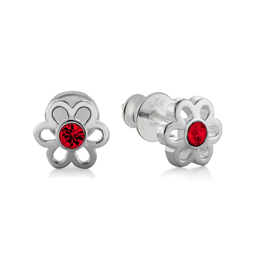 Ein Paar Kinderohrringe Blumen mit roten Zirkonia, aus 925 Silber, 6 mm, Anlaufgeschützt