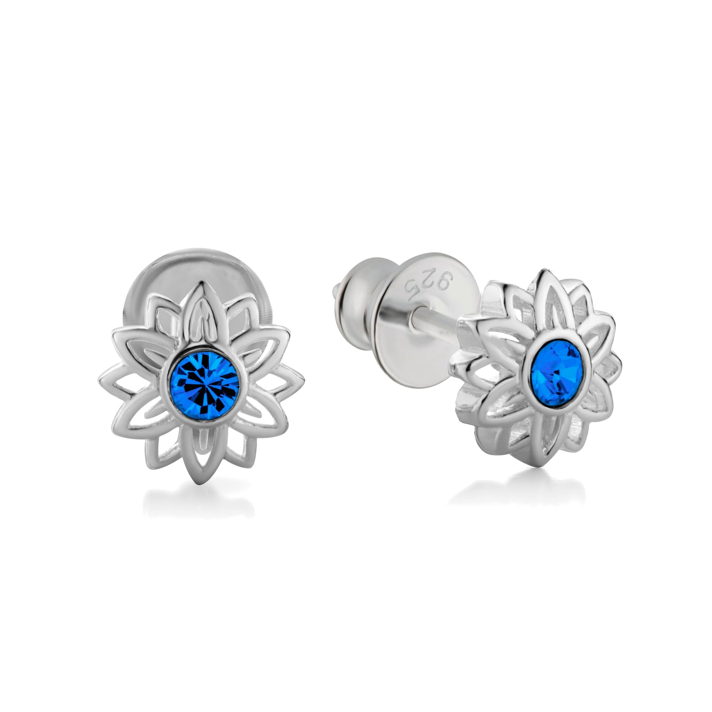 Ein Paar Kinderohrringe Sonnenblumen mit blauem Zirkonia, aus 925 Silber, 7 mm, Anlaufgeschützt