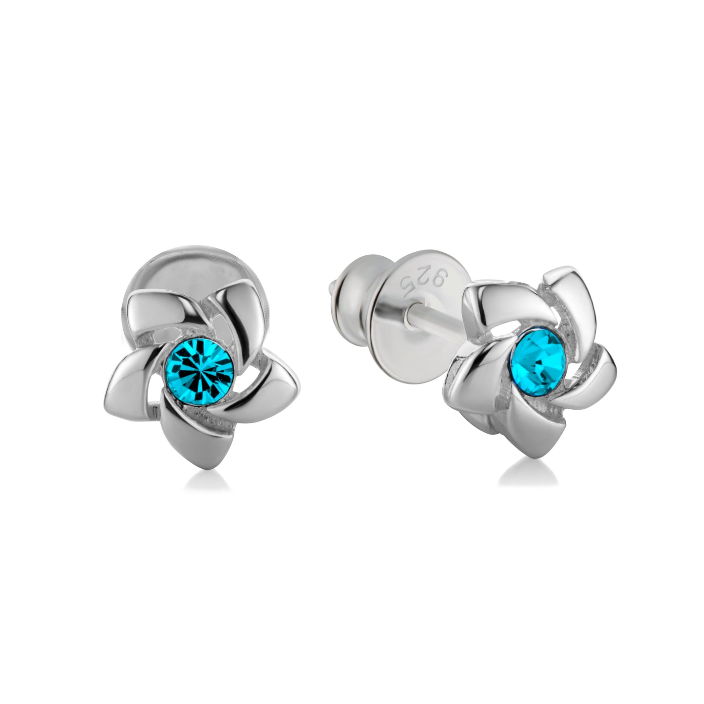 Ein Paar Kinderohrringe Blumen mit türkisem Zirkonia, aus 925 Silber, 6 mm, Anlaufgeschützt