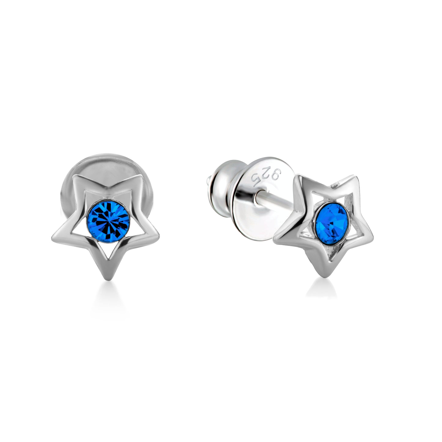 Ein Paar Kinderohrringe Sterne mit blauem  Zirkonia, aus 925 Silber, 5 mm, Anlaufgeschützt