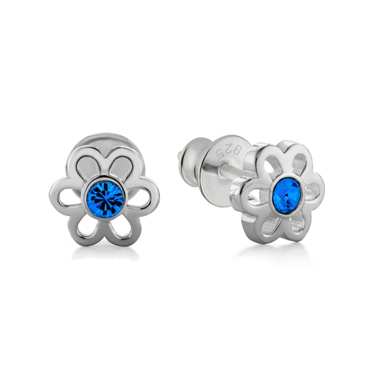 Ein Paar Kinderohrringe Blumen mit blauen Zirkonia, aus 925 Silber, 6 mm, Anlaufgeschützt