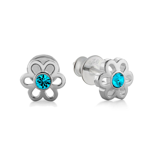 Ein Paar Kinderohrringe Blumen mit türkisen Zirkonia, aus 925 Silber, 6 mm, Anlaufgeschützt