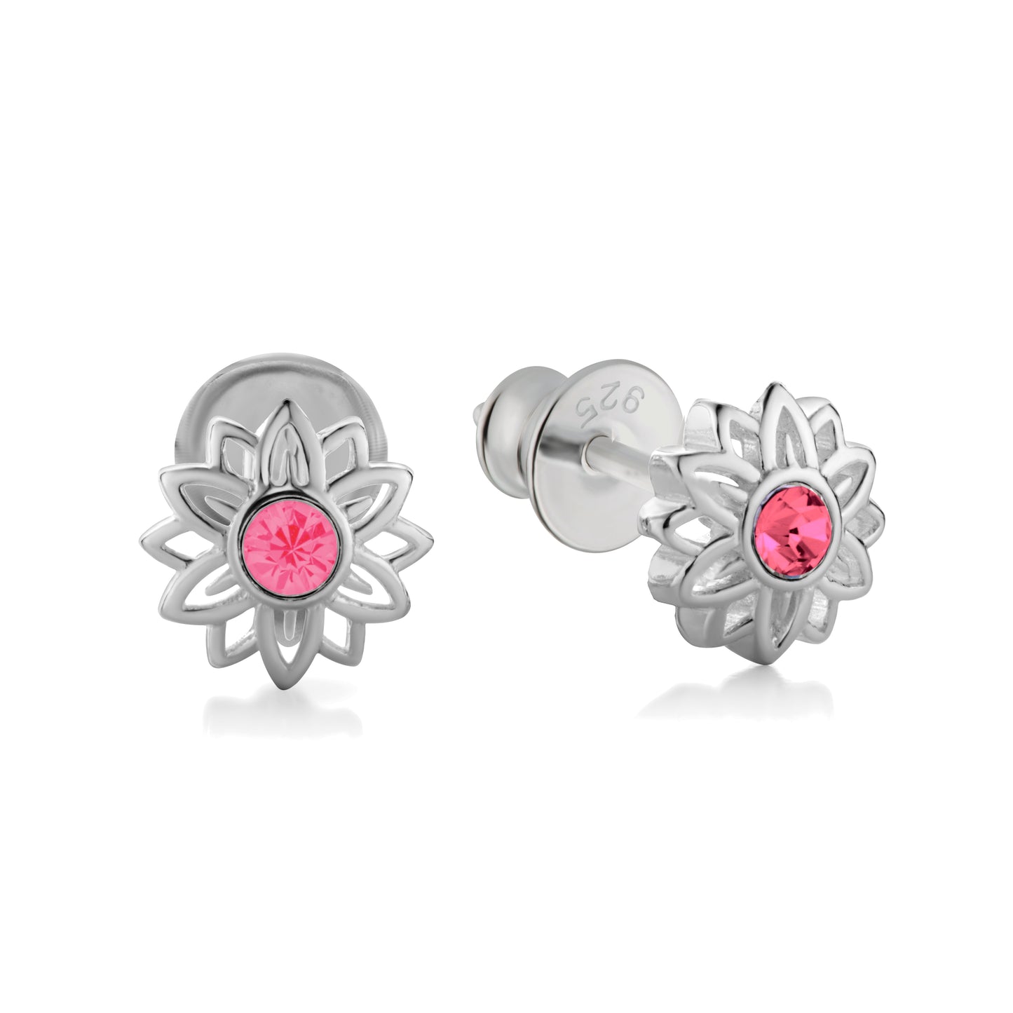 Ein Paar Kinderohrringe Sonnenblumen mit pinkem Zirkonia, aus 925 Silber, 7 mm, Anlaufgeschützt