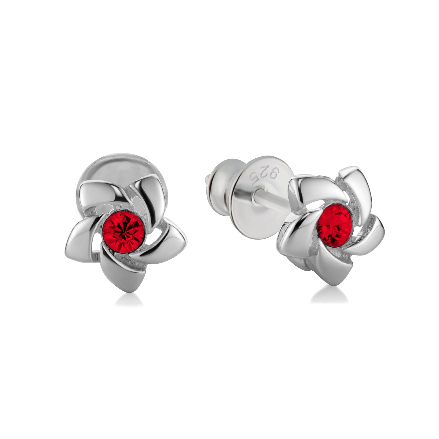 Ein Paar Kinderohrringe Blumen mit rotem Zirkonia, aus 925 Silber, 6 mm, Anlaufgeschützt