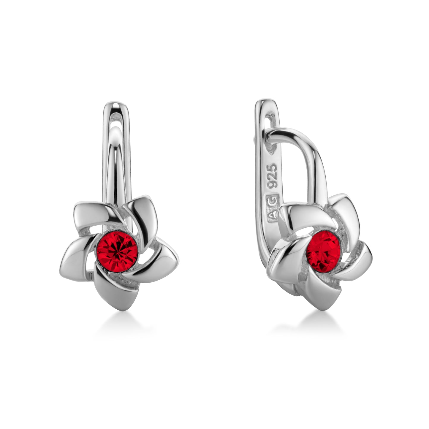Ein Paar Kinderohrringe Blumen mit rotem Zirkonia, aus 925 Silber, 12 mm x 6 mm, Anlaufgeschützt