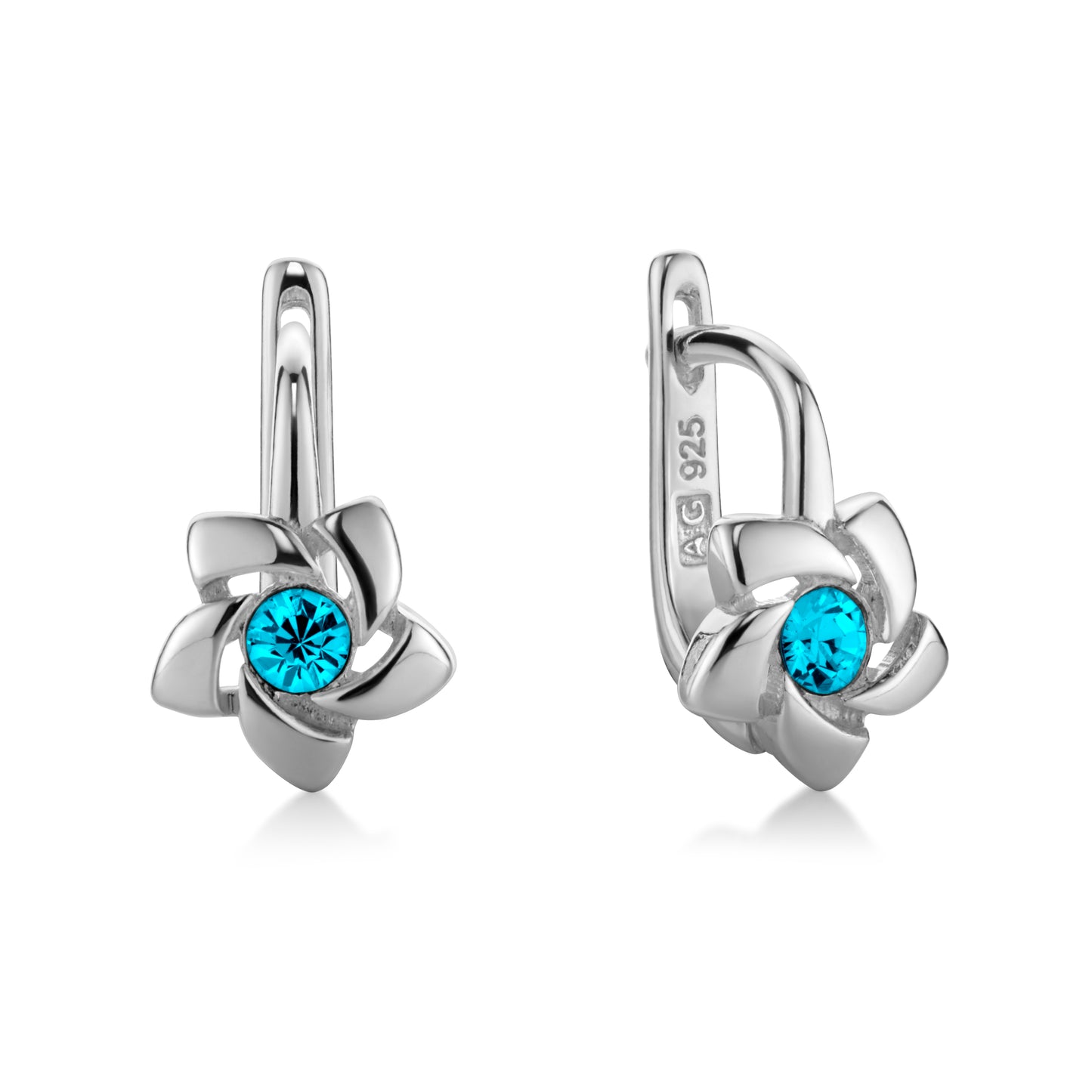 Ein Paar Kinderohrringe Blumen mit türkisem Zirkonia, aus 925 Silber, 12 mm x 6 mm, Anlaufgeschützt