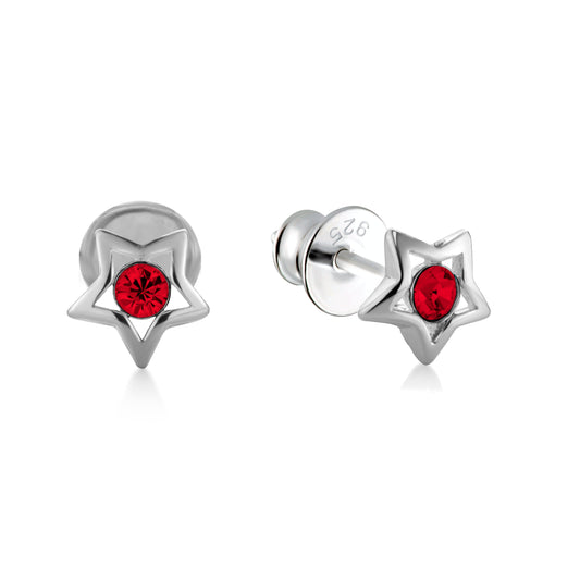 Ein Paar Kinderohrringe Sterne mit rotem Zirkonia, aus 925 Silber, 5 mm, Anlaufgeschützt