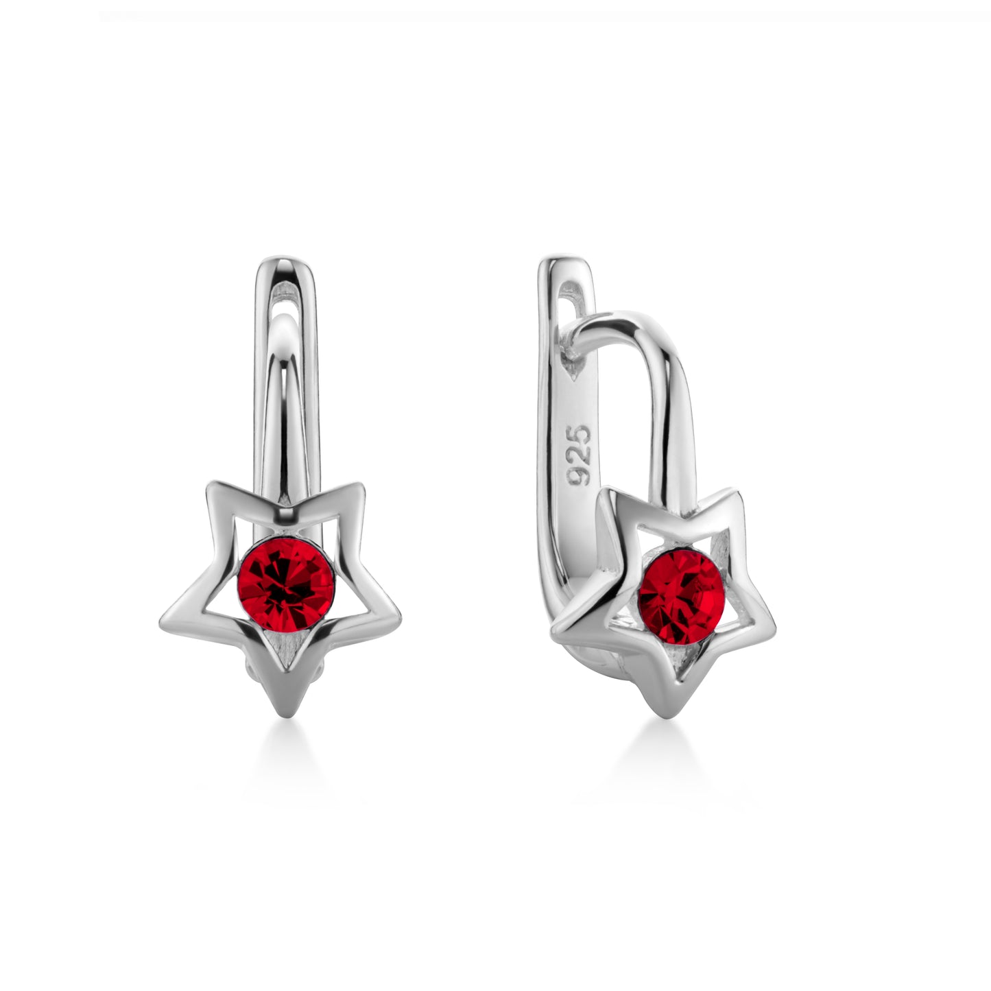 Ein Paar Kinderohrringe Sterne mit rotem Zirkonia, aus 925 Silber, 12 mm x 5 mm, Anlaufgeschützt