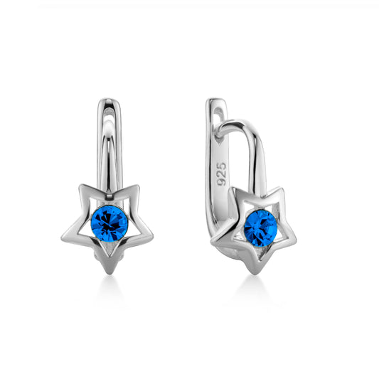 Ein Paar Kinderohrringe Sterne mit blauen Zirkonia, aus 925 Silber, 12 mm x 5 mm, Anlaufgeschützt