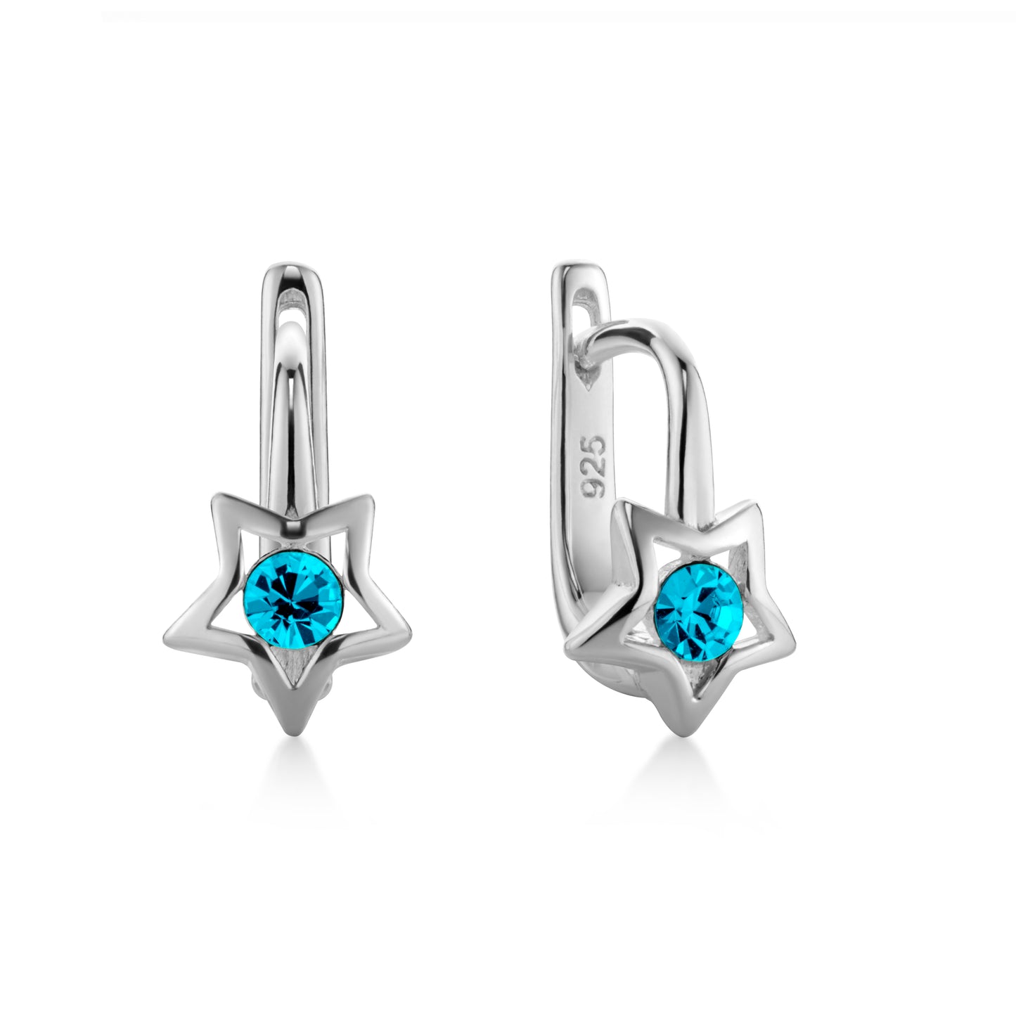Ein Paar Kinderohrringe Sterne mit türkisem Zirkonia, aus 925 Silber, 12 mm x 5 mm, Anlaufgeschützt