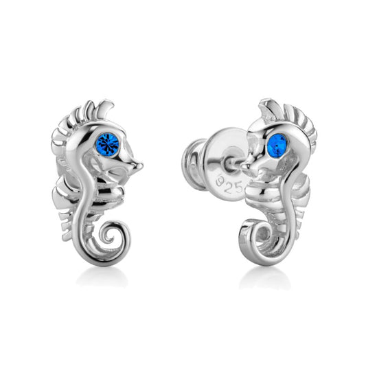Kinderohrringe Seepferdchen mit blauen Zirkonia, aus 925 Silber, 10mm x 4mm, Anlaufgeschützt