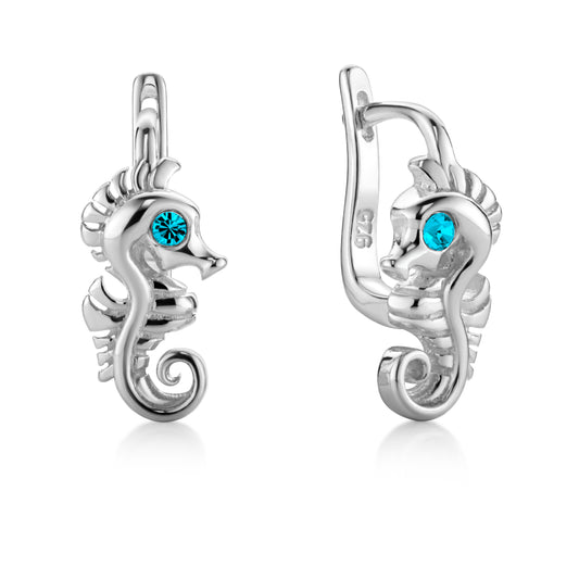 Kinderohrringe Seepferdchen mit türkisen Zirkonia, 10mm x 4mm, aus 925 Silber, Anlaufgeschützt