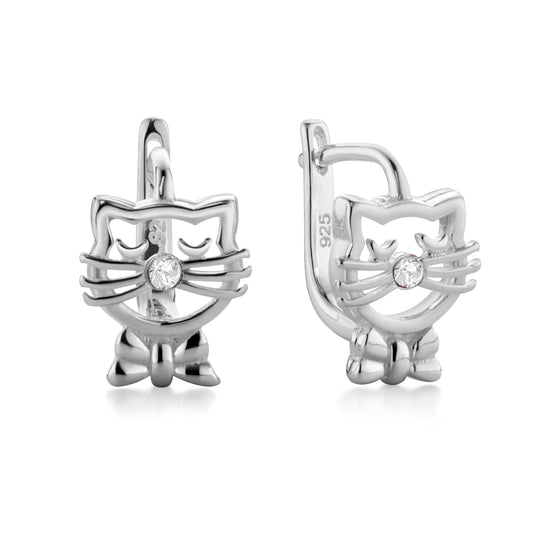 Ein Paar Kinderohrringe Katze mit klaren Zirkonia, 9mm x 7mm, aus 925 Silber, Anlaufgeschützt