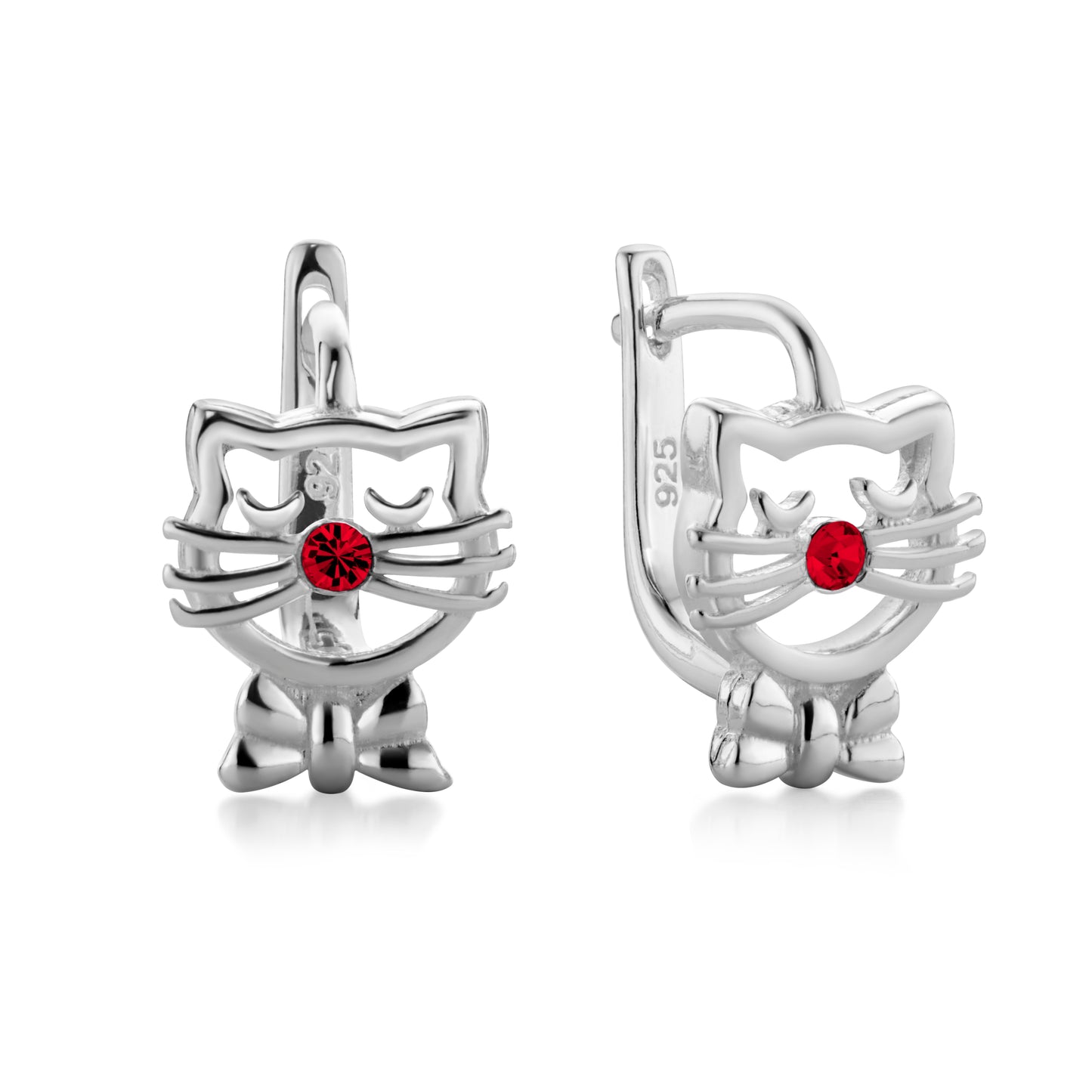 Kinderohrringe Katze mit roten Zirkonia, 9mm x 7mm, aus 925 Silber, Anlaufgeschützt