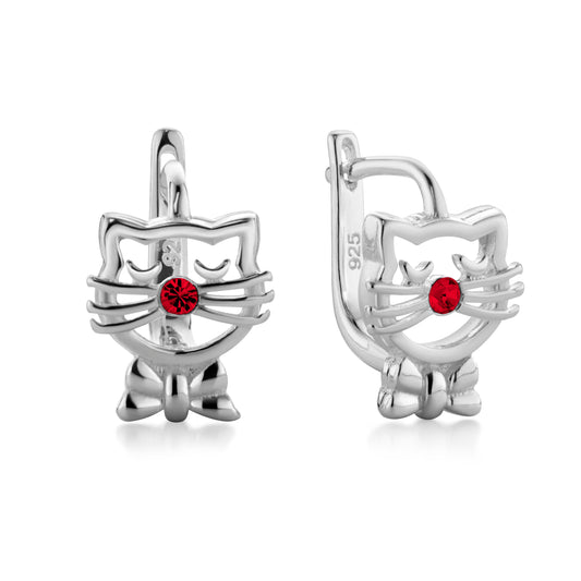 Kinderohrringe Katze mit roten Zirkonia, 9mm x 7mm, aus 925 Silber, Anlaufgeschützt
