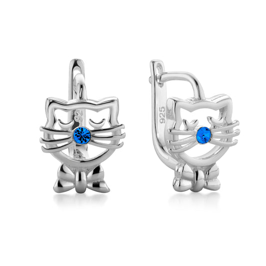 Ein Paar Kinderohrringe Katze mit blauen Zirkonia, 9mm x 7mm, aus 925 Silber, Anlaufgeschützt