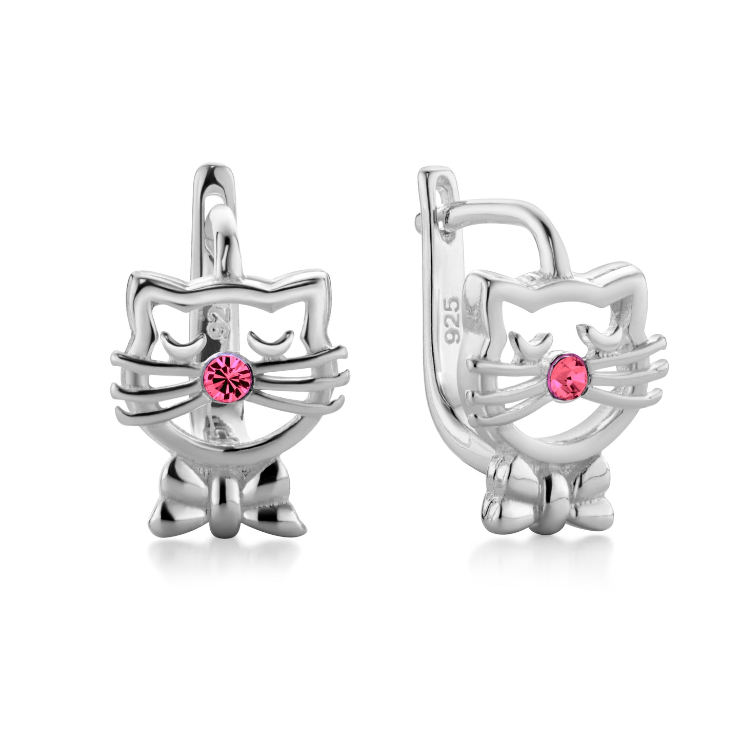 Ein Paar Kinderohrringe Katze mit pinken Zirkonia, 9mm x 7mm, aus 925 Silber, Anlaufgeschützt
