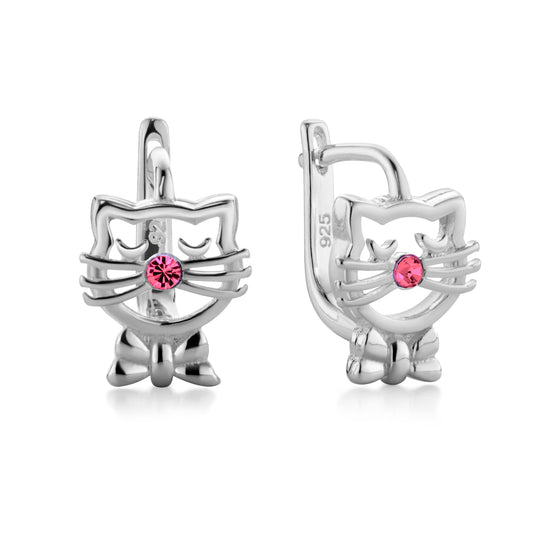 Ein Paar Kinderohrringe Katze mit pinken Zirkonia, 9mm x 7mm, aus 925 Silber, Anlaufgeschützt