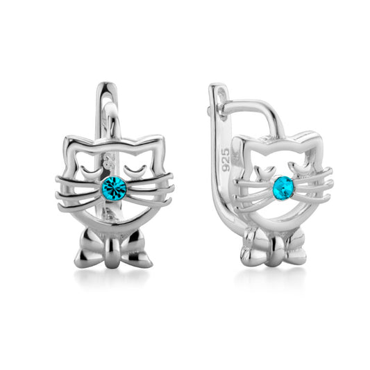 Kinderohrringe Katze mit türkisen Zirkonia, 9mm x 7mm, aus 925 Silber, Anlaufgeschützt