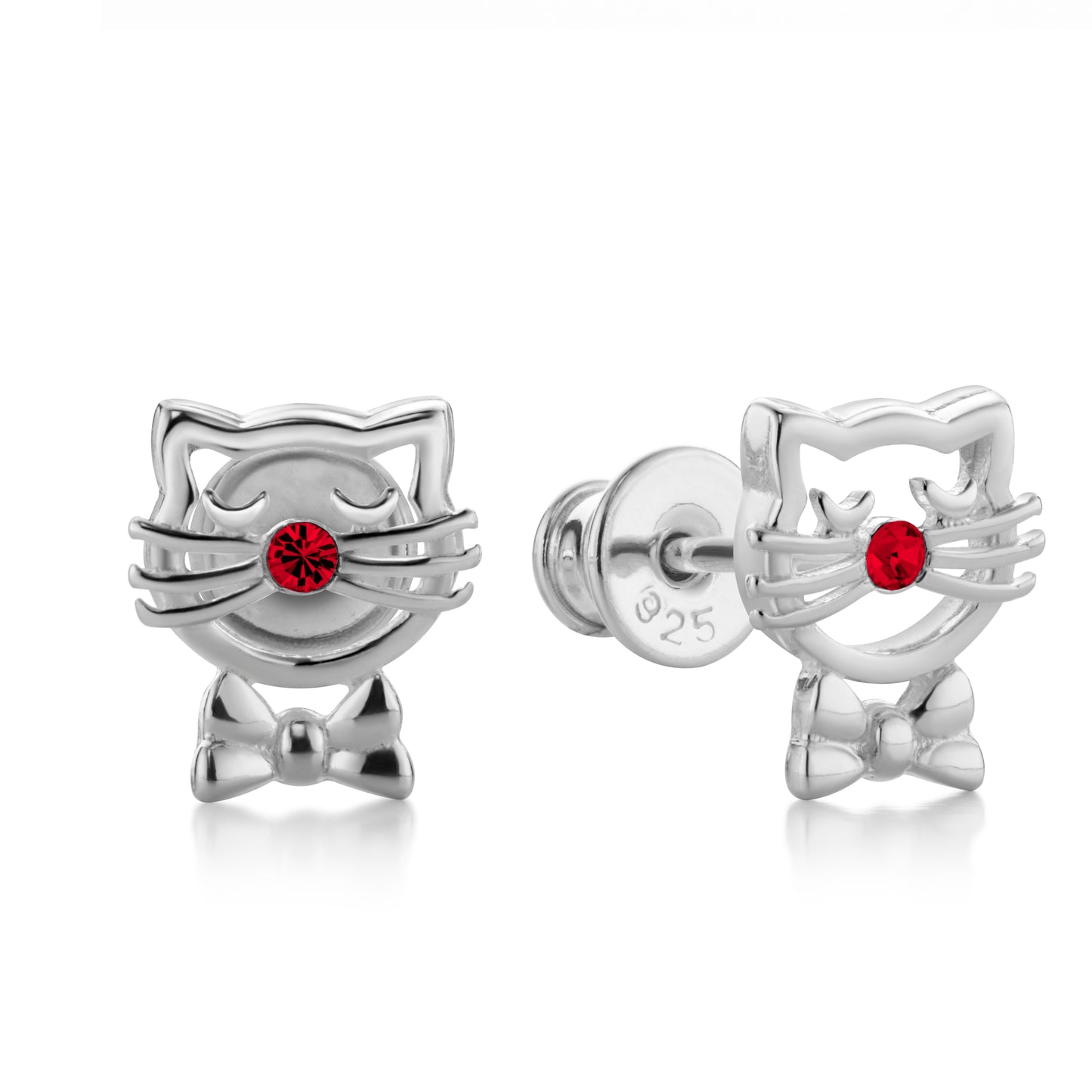 Kinderohrringe Katze mit roten Zirkonia, aus 925 Silber, 9mm x 7mm, Anlaufgeschützt