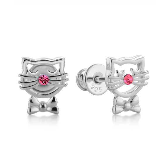 Kinderohrringe Katze mit rosa Zirkonia, aus 925 Silber, 9mm x 7mm, Anlaufgeschützt