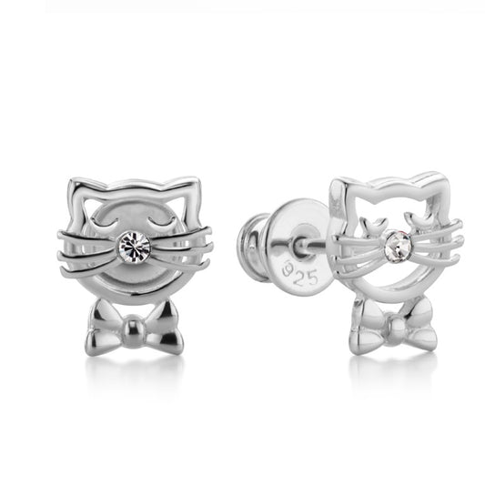 Kinderohrringe Katze mit klaren Zirkonia, aus 925 Silber, 9mm x 7mm, Anlaufgeschützt
