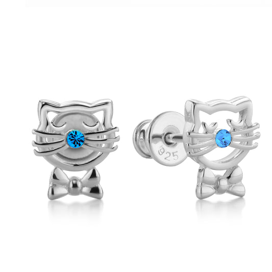 Kinderohrringe Katze mit blauen Zirkonia, aus 925 Silber, 9mm x 7mm, Anlaufgeschützt