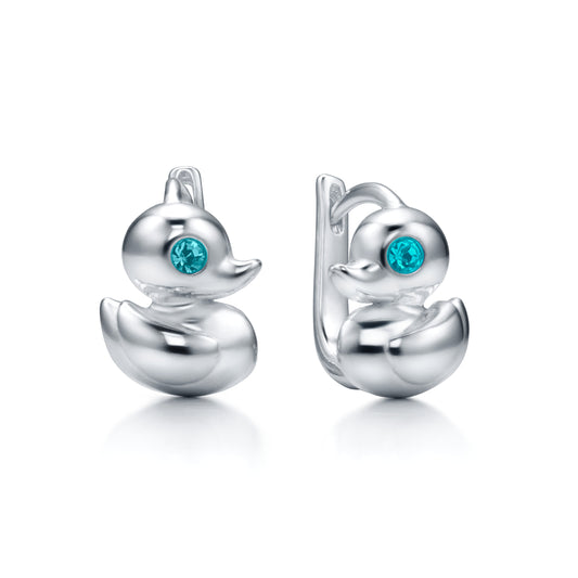 Ein Paar Kinderohrringe Ente mit türkisen Zirkonia, 12mm x 9mm, aus 925 Silber, Anlaufgeschützt