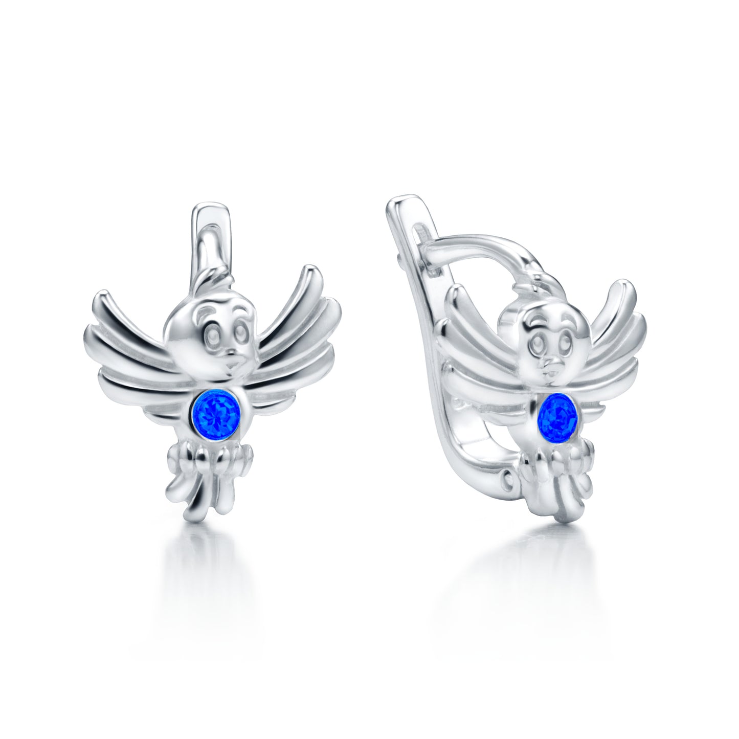 Ein Paar Kinderohrringe Vogel mit blauen Zirkonia, 10 mm x 10 mm, aus 925 Silber, Anlaufgeschützt