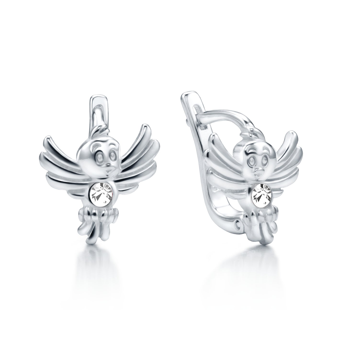 Ein Paar Kinderohrringe Vogel mit klaren Zirkonia, 10 mm x 10 mm, aus 925 Silber, Anlaufgeschützt