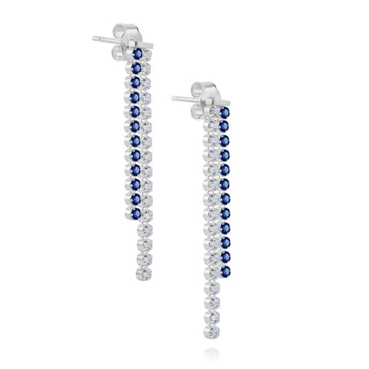Silberohrringe mit Zirkonia, blau, Stecker, rhodiniert, aus 925 Silber, 40 mm x 5 mm, Anlaufgeschützt